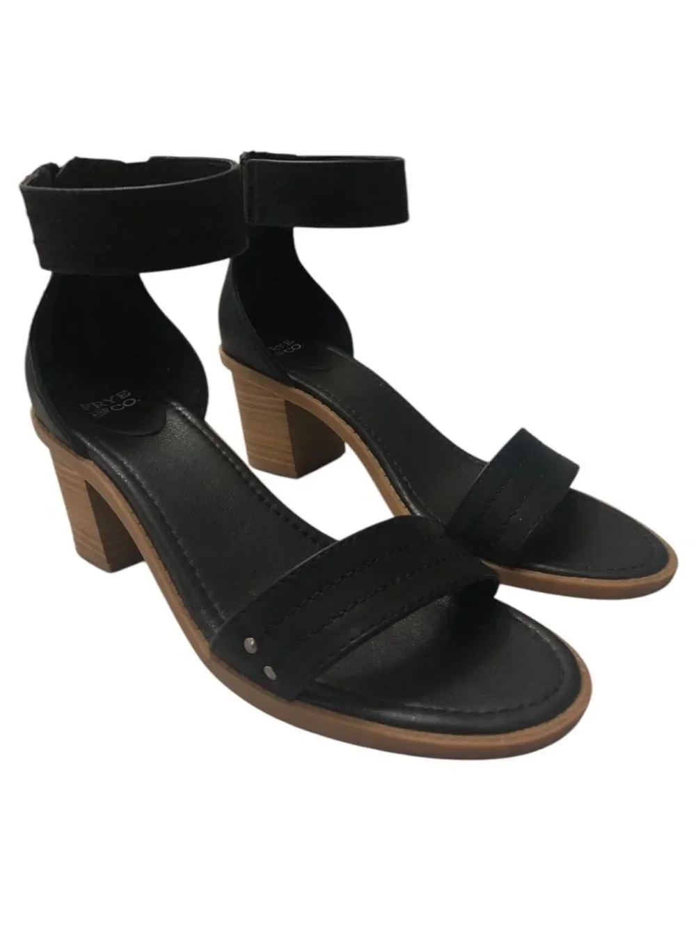FRYE & CO 11 ZAKI Black Studded Ankle Strap Back Zip Stacked Block Heel Sandals